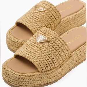 Prada Crochet Flatform Slides Sz 35  Beige Nude Brand New in Box with Receipt